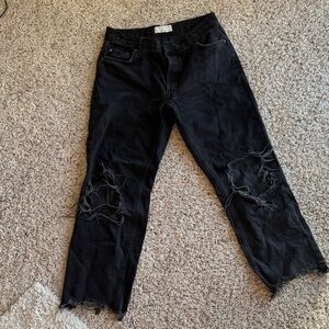 Free People Black Distressed Straight Leg Jeans